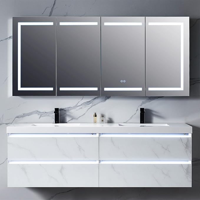 Blossom 72-Inch LED Lighted Mirror Medicine Cabinet for Bathroom, Surface or Recessed Mount Bathroom Cabinet, One Touch Built-in Defogger, Dimmer, Makeup Mirror, 3 Adjustable Glass Shelves