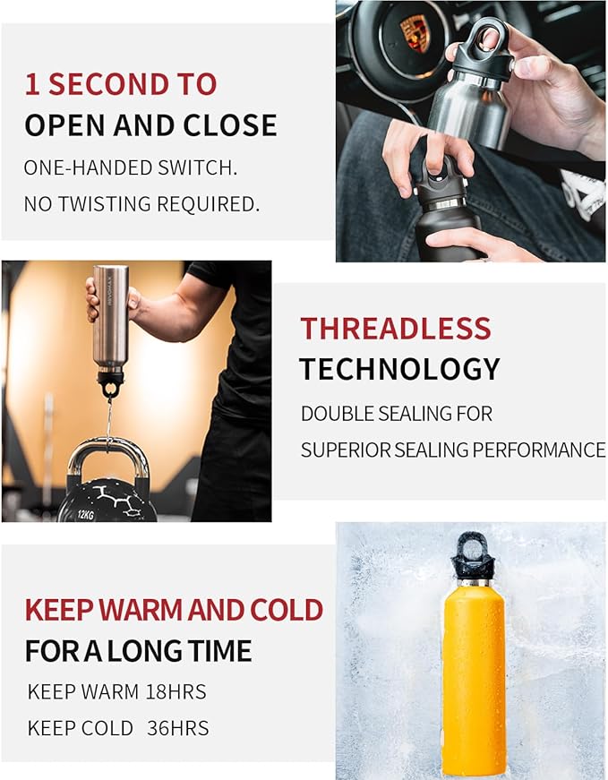 Threadless Vacuum Insulated Water Bottle - Effortless One-Hand Operation, Twist-Free, No-Screw Design - 36H Cold, 18H Hot Retention with Pressure Release Valve - 20OZ