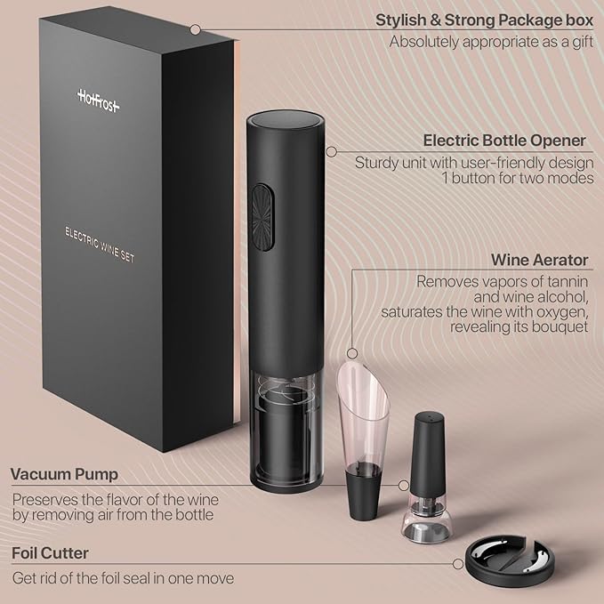 Electric Wine Opener – Wine Bottle Opener Kit with Foil Cutter, Wine Aerator, Vacuum Stopper – Battery-Operated Corkscrew Wine Opener – Cordless Automatic Wine Opener – Birthday Wine Gift Set