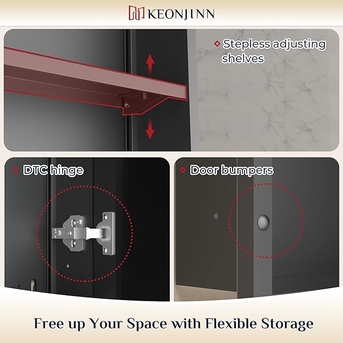 Keonjinn 21" x 27" Black Medicine Cabinet for Bathroom, Recessed or Surface Wall-Mounted Aluminum Alloy Framed Beveled Mirror with Storage, Mirrored Cabinets with 2 Adjustable Shelves for Bath Modern