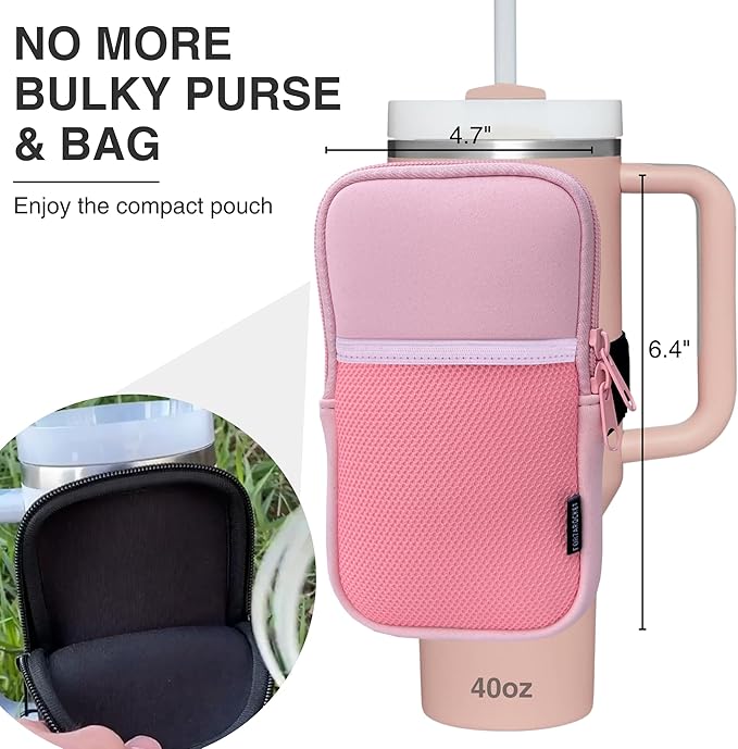 Water Bottle Pouch for Stanley Cups with 20oz 30oz 40oz Stanley Quencher Adventure & Stanley IceFlow, Gym Accessories for Women Tumbler Pouch with Strap & Zipper Cup Purse for Card Keys (Pink, Large)