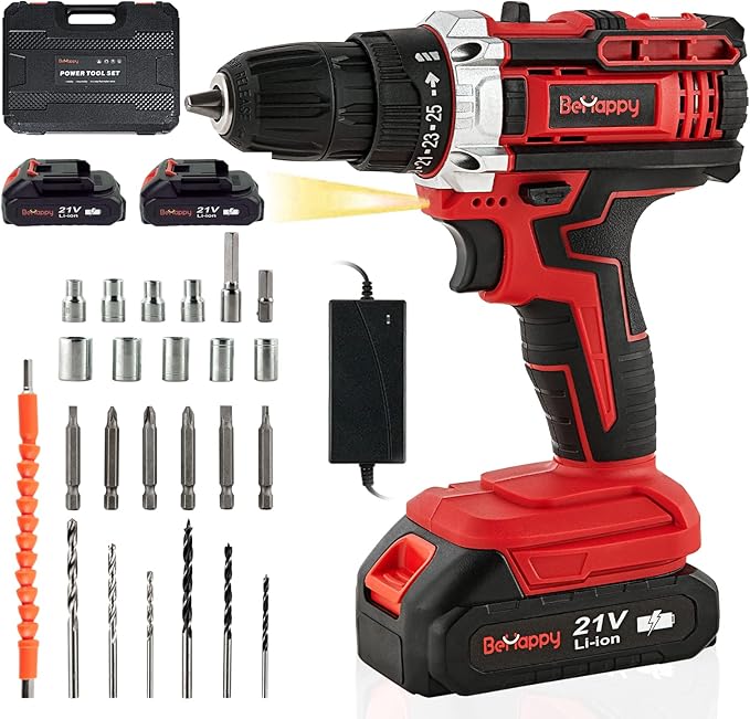 BEHAPPY Cordless Drill Set, 21V Power Drill Kit, Electric Power Drill Set with 2 Batteries and Charger, 25+3 Torque Setting, 2 Speed, 315 In-lb, LED, 23pcs Drill Bit, Impact Drill Set for Home, DIY
