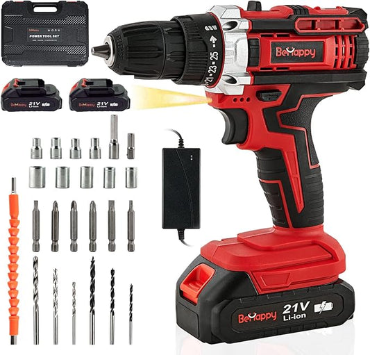 BEHAPPY Cordless Drill Set, 21V Power Drill Kit, Electric Power Drill Set with 2 Batteries and Charger, 25+3 Torque Setting, 2 Speed, 315 In-lb, LED, 23pcs Drill Bit, Impact Drill Set for Home, DIY