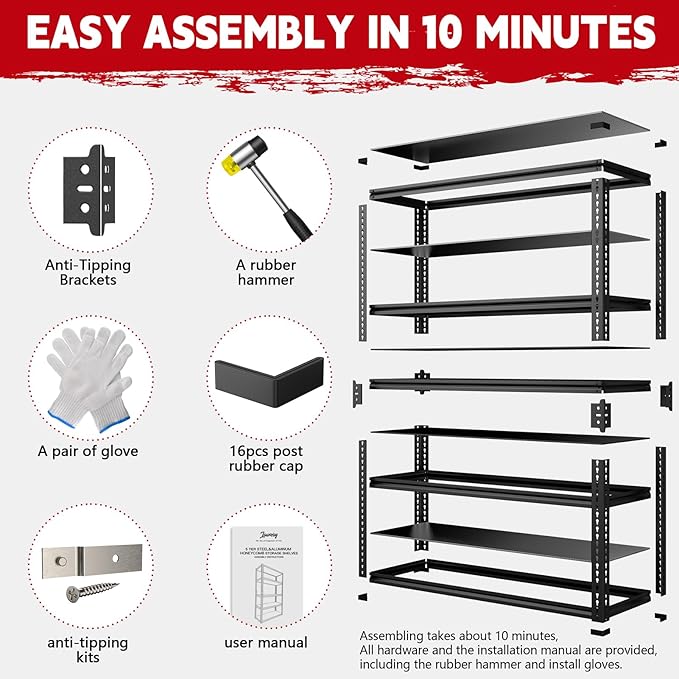 Heavy Duty Garage Shelving Unit 3000LBS, Adjustable 5-Tier Storage Rack with Boltless Design, 48" W*18.9" D*72" H Metal Shelves for Basement, Garage & Warehouse Storage