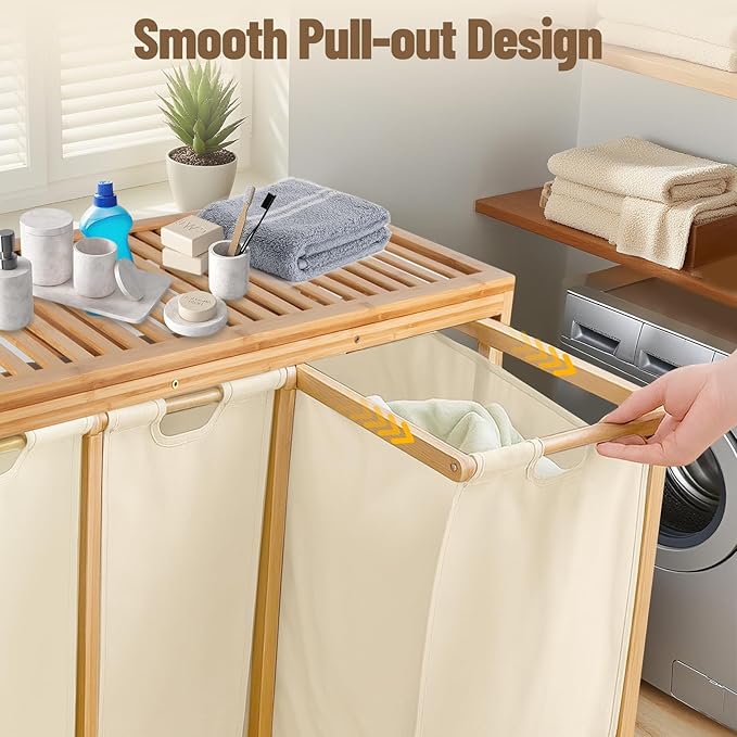 Bamboo Laundry Hamper 3 Section with Lid, 150 L Laundry Sorter with Pull-Out Removable Washable Bags, 3 × 12.5 Gal Divided Laundry Baskets for Laundry Room, Bathroom (Beige)