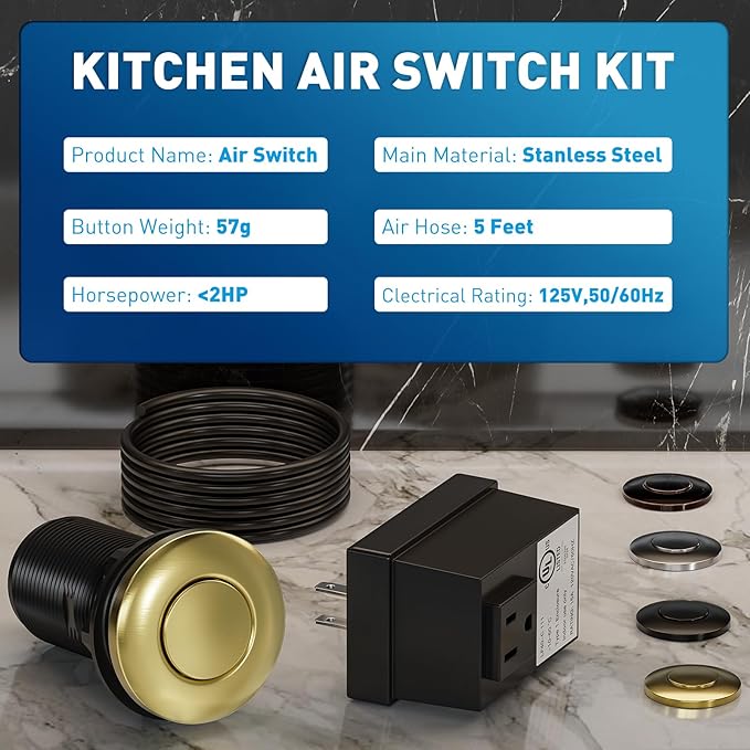 Garbage Disposal Air Switch Kit Sink Top Waste Disposal Long Stainless Steel Black On/Off Air Button Food and Waste Disposals Part, UL Listed