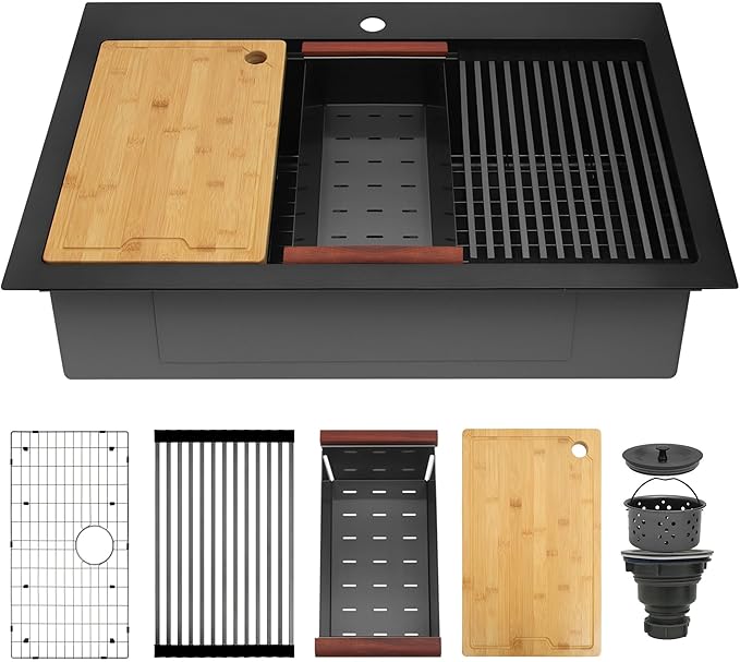 Drop In Black Kitchen Sink 33" X 22",Deep and Large Single Bowl Sinks,16 Gauge Stainless Steel Workstation Sink