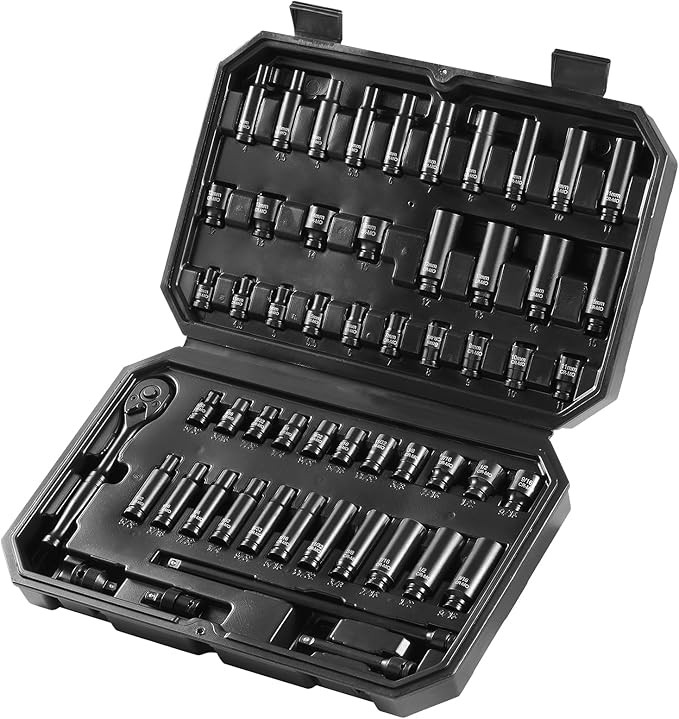 VEVOR Impact Socket Set 1/4" Drive, 55-Piece Deep & Shallow Socket Set Standard SAE (5/32 to 9/16 inch) & Metric (4 to 15 mm) Size, 6 Point, CR-V, Extension Bar, Universal Joint, Reducer