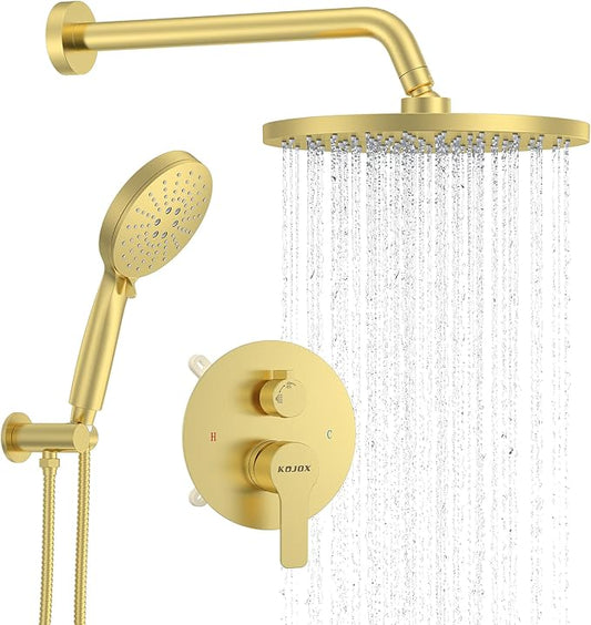 KOJOX Shower Set - Brushed Gold Finish, Powerful High Pressure Showerhead System with 3 Adjustable Settings and Handheld Capability, Valve Included