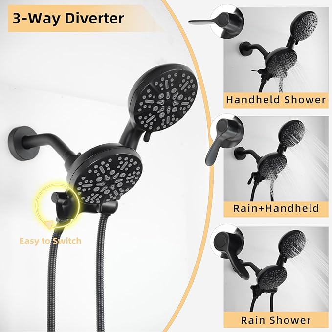 2 Handle Shower Faucet Set with Handheld Shower Head,Dual 2 in 1 Shower Head System with Tub Spout,2 Knobs Tub and Shower Faucet Set with Valve,Wall Mounted Shower Combo Set,Matte Black,3A3MK