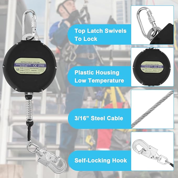 20 FT Retractable Safety Lanyard, Self Retracting Lanyard 20 FT with Inside Shock Absorber, No Tangle-20 Foot Retractable Fall Protection Lanyard Galvanized Steel Cable for Fall Arrest Roofing Gear