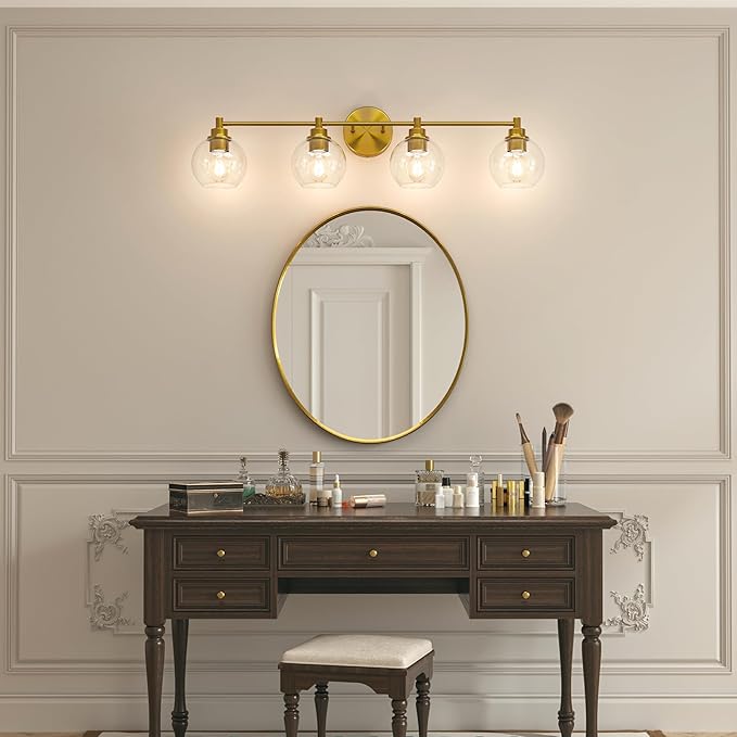 VONLUCE Bathroom Light Fixtures, 4-Light Vanity Light with Globe Glass Shades E26 Sockets, Bathroom Lights Over Mirror for Bedroom Hallway Living Room, Gold Finish