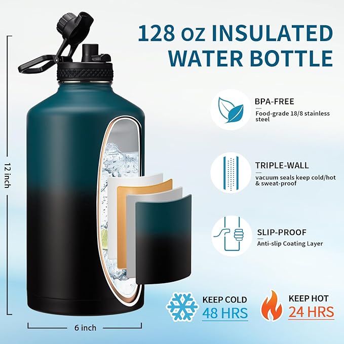 Large Insulated Water Bottles 1 Gallon - Water Jug with Strap Carrier Bag, Straw & Spout Lid, Paracord Handle, Bottle Boot, Big Metal Water Flask Stainless Steel Canteen, 128oz Insulated Water Bottle