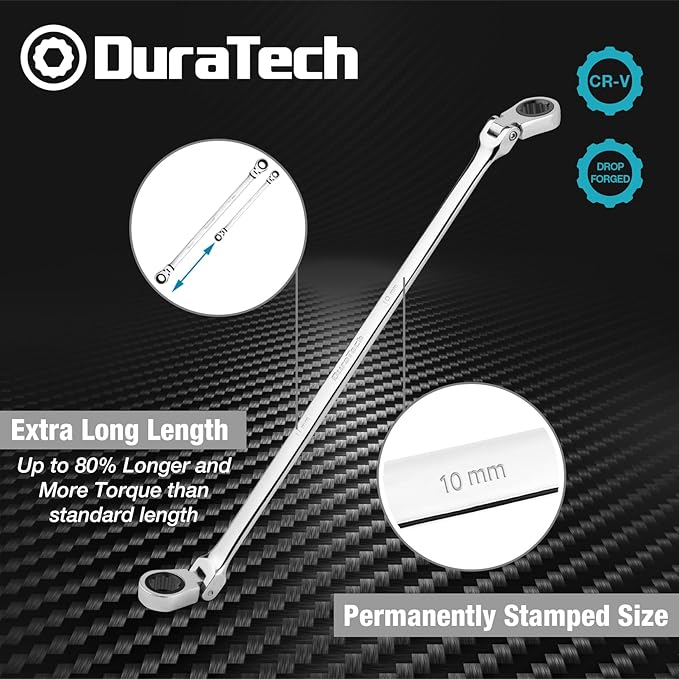 DURATECH 10 * 11 mm Extra Long Flex-Head Ratcheting Wrench, Metric, CR-V Steel