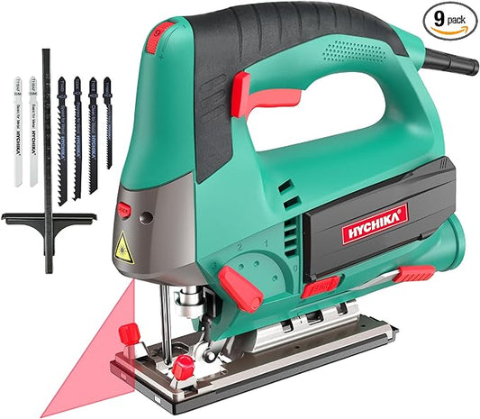 HYCHIKA Jig saw, 6.7A Jig Saw 800-3000SPM with 6 Variable Speeds, 4 Orbital Sets, Bevel Angle 45°, 6PCS Blades, Pure Copper Motor, Laser Guide, Wood Metal Plastic Cutting