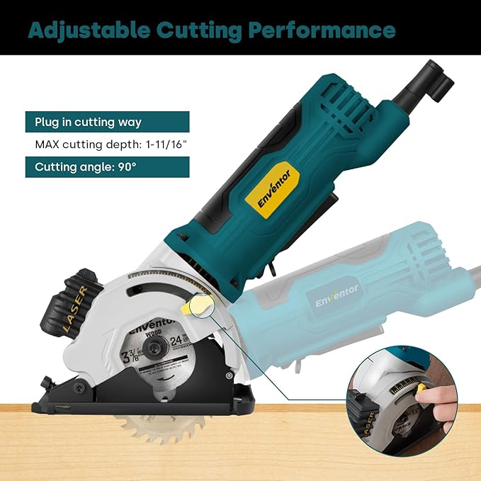 Enventor Mini Circular Saw, 4.8A Electric Circular Saws Corded with Laser Guide, 4000RPM, 3 Saw Blades 3-3/8" Max Cutting Depth 1-1/16", Compact, Power for Wood, Soft Metal, Tile, Plastic