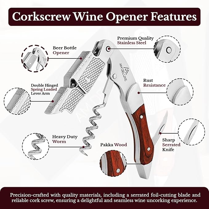 Premium AM DELUXE Waiter Corkscrew Wine Opener - Wine Key For Servers, Bartenders, Heavy Duty Stainless Steel & Pakka Wood Inlay, Serrated Foil Cutter, Cork Screw Wine Bottle Opener, Magnetic Gift Box