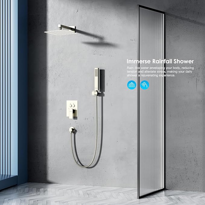 Shower System Shower Faucet Set with Push-Button Diverter and Wall Supply Elbow 10 Inch Shower Head Brushed Nickel