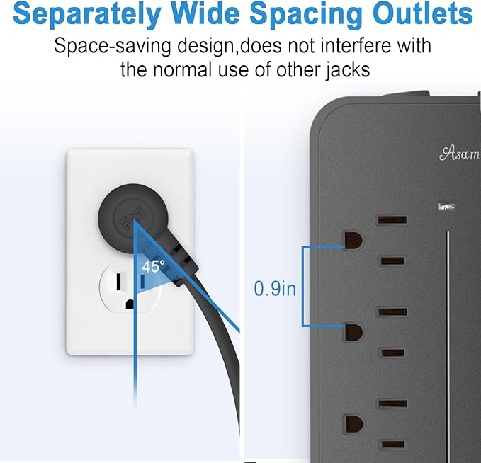 15FT Surge Protector Power Strip Extension Cord with USB C, Asamoom Flat Plug Power Strip with Long Cord, 8 Outlets and 3 USB A & 1 USB-C Port,1700J Wall Mount Desk Multiple Outlets Black ETL Listed
