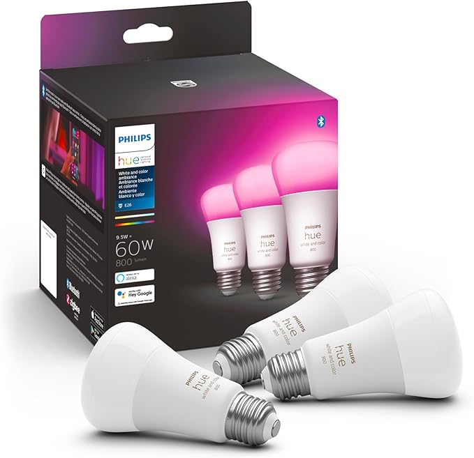 Philips Hue Smart Lighting Bundle: 3-Pack A19 LED Smart Light Bulbs (White and Color Ambiance) with Philips Hue Bridge - Control with Hue App, Compatible with Alexa, Google Assistant, Apple Homekit