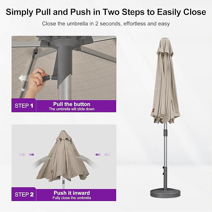 PURPLE LEAF 11.5 FT Semi-Auto Outdoor Patio Umbrella with Base Market Table Sun Umbrellas with 8 Aluminum Sturdy Ribs for Backyard Deck Garden Pool (Silver Pole Beige Canopy)