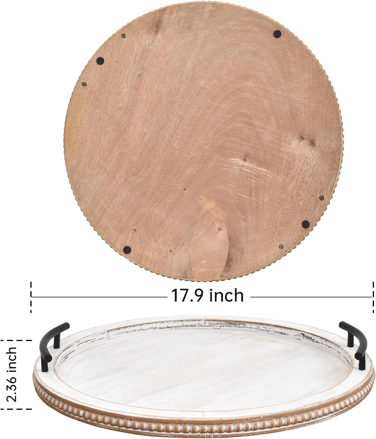 SwallowLiving 18Inch White Wooden Beaded Serving Tray with Handle Decorative Rustic Whitewashed Tray for Coffee Table Farmhouse Round Tray for Kitchen, Living Room and Bedroom