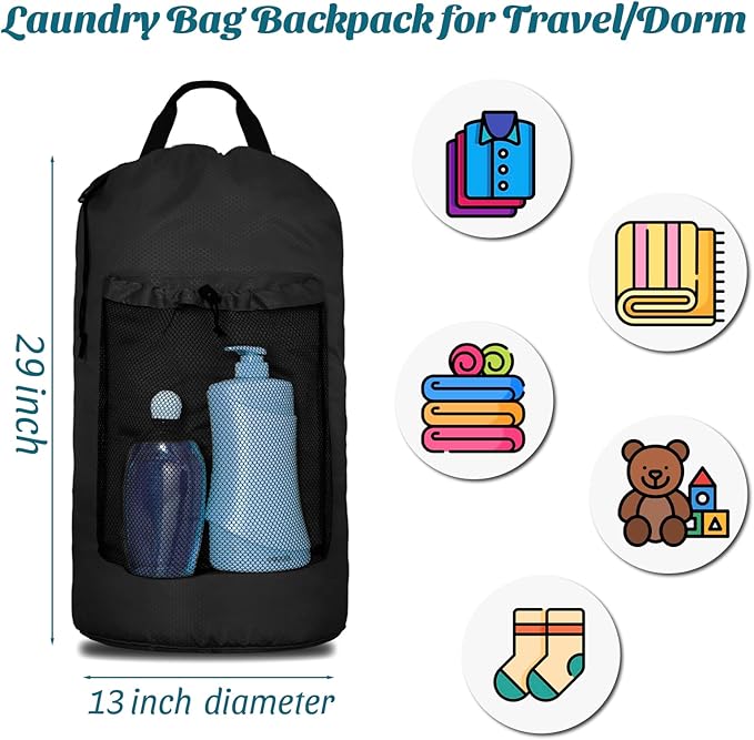 Laundry Bag Backpack Large Travel Laundry Bag with Adjustable Shoulder Straps Portable Laundry Hamper for College, Dorm, Apartment Camp(Black)