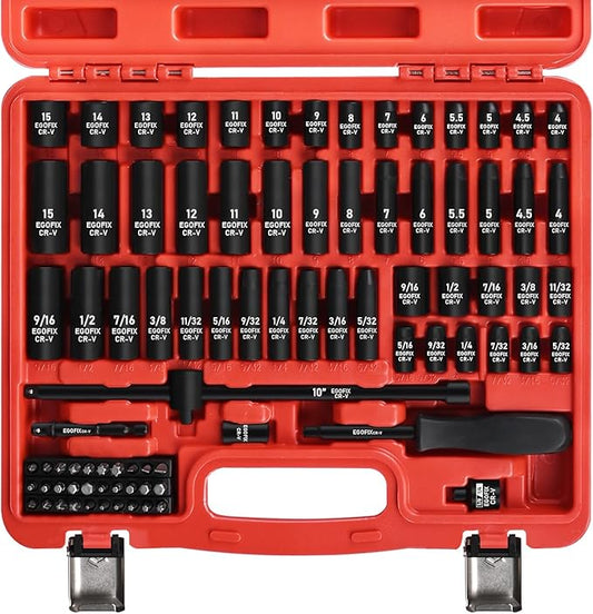 1/4" Socket Set 85 Piece, Metric Shallow/Deep Sockets (4-15mm) and SAE Shallow/Deep Sockets (5/32-9/16), Screwdriver Bit Set, Tool Kit for Home Use and Automotive Repair