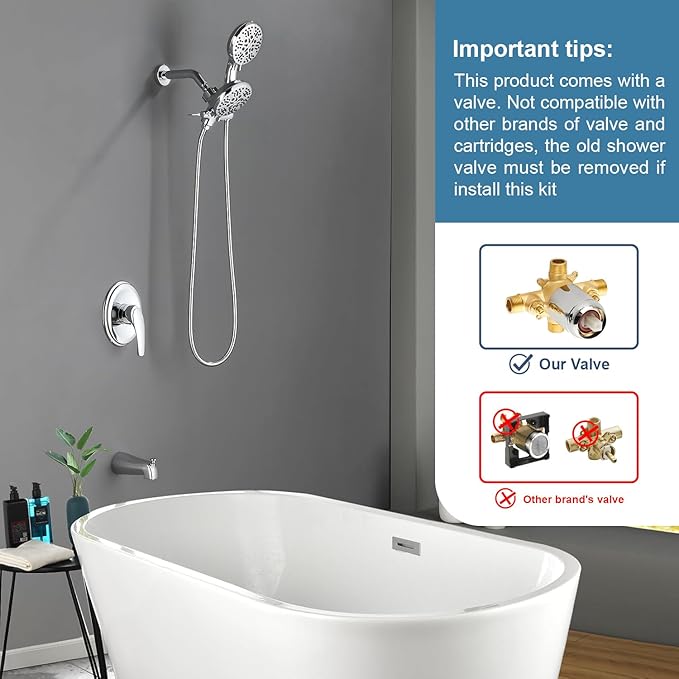 Dual Shower Faucet Set With Tub Spout - Complete Combo System With Handheld and Head - Trim Kit Chrome Polished Fixtures