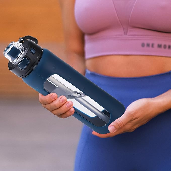 Kodrine Water Bottle With Straw and Carry Handle, Glass Water Bottle 24 oz Leak Proof Locking Lid with Soft Silicone Spout, Small Clear Water Bottle, Travel Sports Water Jug, Time Marker, Navy Blue