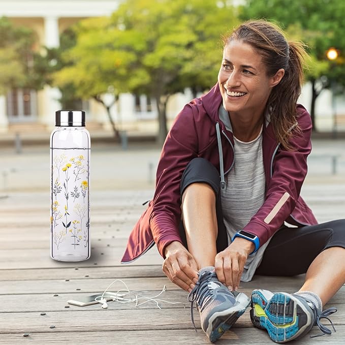 Borosilicate Glass Water Bottle, Sports Glass Drinking Bottle with Neoprene Sleeve and Stainless Steel Lid 16oz / 32oz (32oz, Blooming Branches)