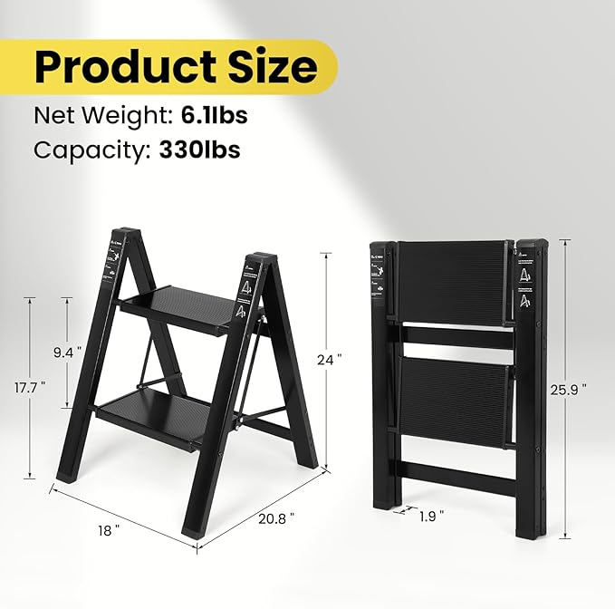 FAHKNS 2 Step Ladder, Aluminum Light Folding 2 Step Stool with Non-Slip Wide Pedal (7.9Inch), 330Lbs Capacity Stepping Stool, Step Ladder 2 Step Folding for Office,Household,Kitchen, Black