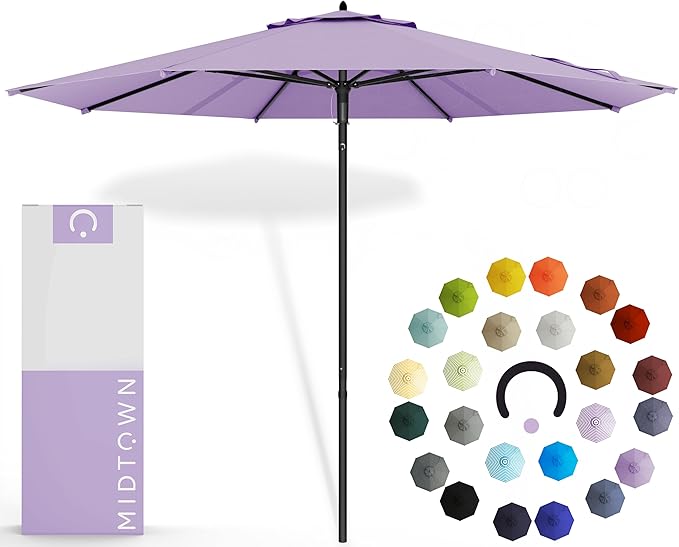 Midtown Umbrellas Push and Pop 10 Feet Outdoor Umbrella, Purple Polyester Fabric - Fiberglass Ribs Deck Patio Umbrella, Backyard Umbrella, Garden Umbrella & Pool Umbrella - Black Pole