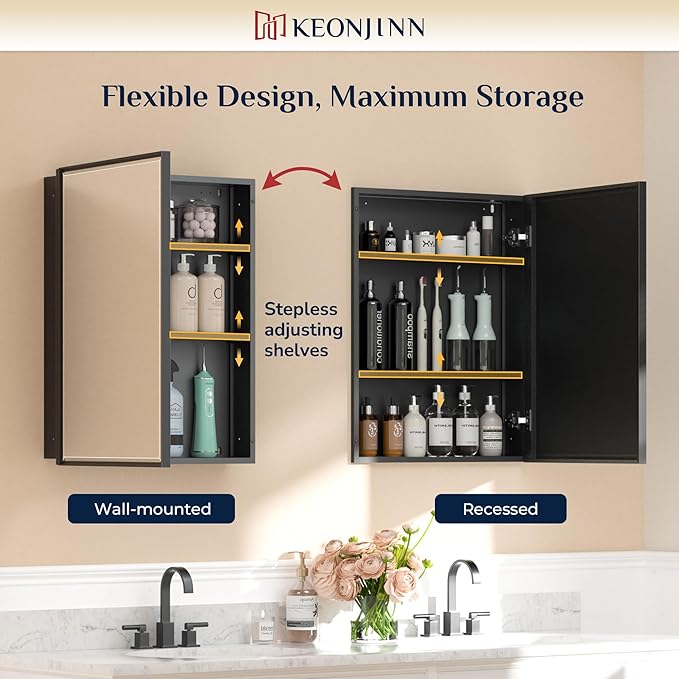 Keonjinn 17" x 25" Black Medicine Cabinets for Bathroom with Mirror Recessed or Surface Wall-Mounted Aluminum Alloy Framed Beveled Mirror, Single Door Metal Bathroom Vanity Mirror with Storage Cabinet