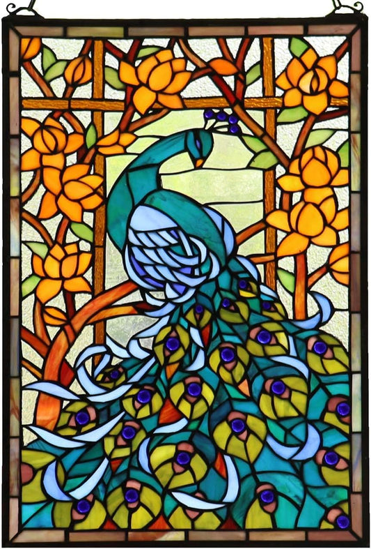 Bieye W10011 Peacock Tiffany Style Stained Glass Window Panel Hangings with Chain, 15" W x 23" H