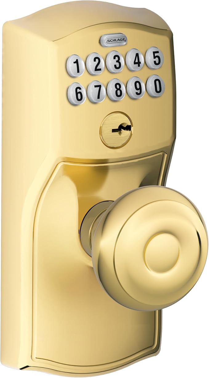 SCHLAGE FE595 CAM 505 GEO Camelot Keypad Entry with Flex-Lock and Georgian Style Knobs, Bright Brass, Georgian Knob