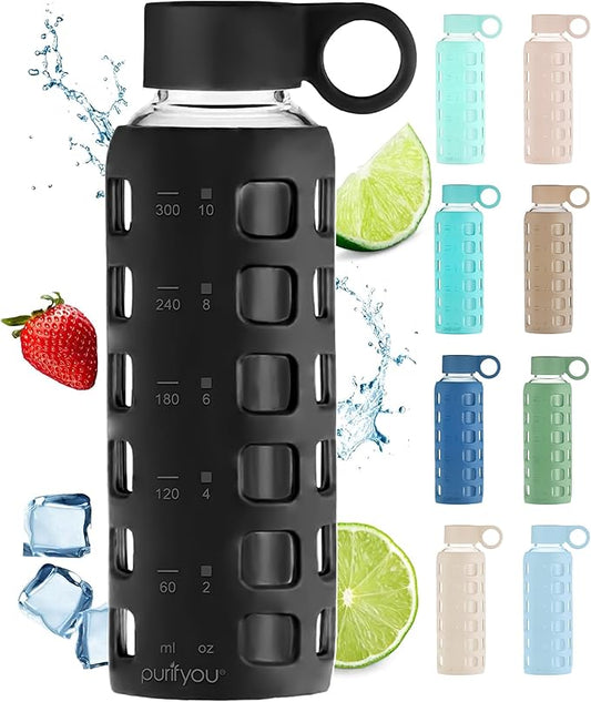 purifyou Premium 40/32 / 22/12 oz Glass Water Bottles with Volume & Times to Drink, Silicone Sleeve & Stainless Steel Lid Insert, Reusable Bottle for Fridge Water, Milk, Juice (12oz Jet Black)