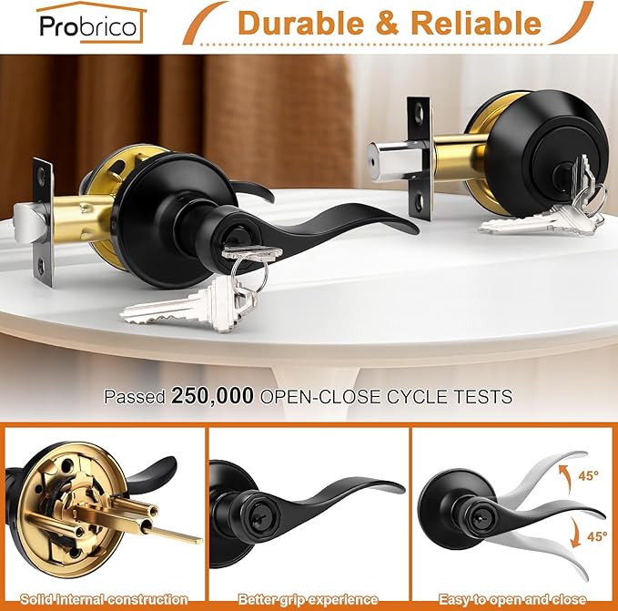 Probrico Front Door Handle and Single Cylinder Deadbolt Set, Black Exterior Door Handle with Deadbolt Lockset,Wave Reversible Door Lever Locks with Deadbolt Set, Keyed Alike 2Pack
