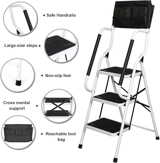 WiberWi 3 Step Ladder with Handrails 500 lb Capacity Step Stool Folding Ladders for Home Kitchen Steel Frame with Safety Side Handrails Non-Slip Wide Pedal Stepladder with Attachable Tool Bag
