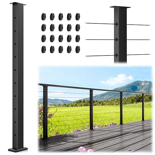 Economical 36" Cable Railing Post, Stainless Steel T304 Level Drilled Line Post for Deck Railing System, Upgraded Black Powder Coated Wire Metal Post for Indoor Outdoor Deck Porch Balcony