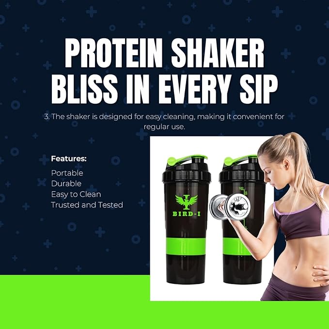 Gym Protein Shaker, 3-in-1, 500ml/16.9oz, BPA-Free, Metal Mixer. (GREEN), JT4101