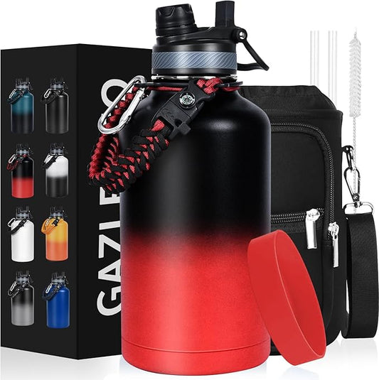 Insulated Water Bottle 64 oz, Half Gallon Water Jug Cold 48H, BPA Free Stainless Steel Bottles with Straw/Chug 2-in-1 Lid, Bag, Paracord Handle, Silicone Boot, Sports Gym School Metal Flask