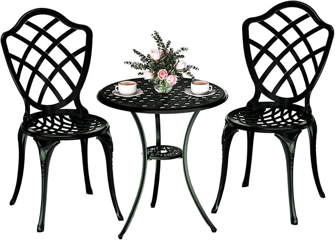 3 Piece Patio Bistro Set, Outdoor Bistro Table and Chairs Set of 2 w/Umbrella Hole, Rust-Resistant Cast Aluminum Bistro Set for Garden/Balcony/Backyard, Green