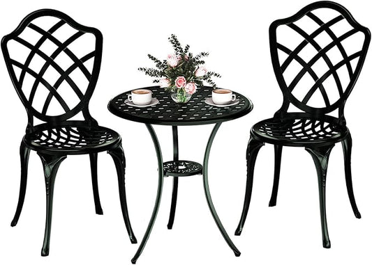 3 Piece Patio Bistro Set, Outdoor Bistro Table and Chairs Set of 2 w/Umbrella Hole, Rust-Resistant Cast Aluminum Bistro Set for Garden/Balcony/Backyard, Green