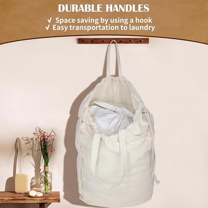 Canvas Laundry Bags with Handles & Square Base13.8"x 13.8", Large Heavy Duty Laundry Basket Hamper Liner, College Dorm Washable Drawstring Cotton Dirty Clothes Bag (Beige,2 Pack)