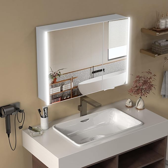 36x28 Medicine Cabinet with Light, AL Alloy Frame, Full-Assembled Bathroom Mirror Cabinet with Brightness Adjustable and Storage, Led Medicine Cabinet Mirrored with Recessed or Wall Mount, Sliver