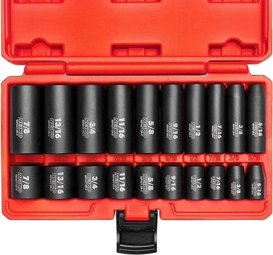 NEIKO 02434A 3/8-Inch-Drive Standard and Deep Impact Socket Set, 6-Point SAE Sizes from 5/16" to 7/8", CrV Steel, 20 Pieces