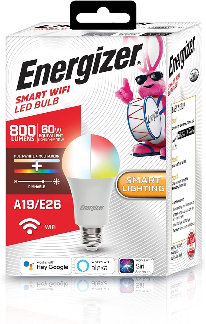 Energizer Connect Smart A19 LED Multi-White & Multi-Color RGB Light Bulb with Voice Control and Remote Access Through Your Smartphone | Compatible with Alexa and Google Assistant, 4 Pack