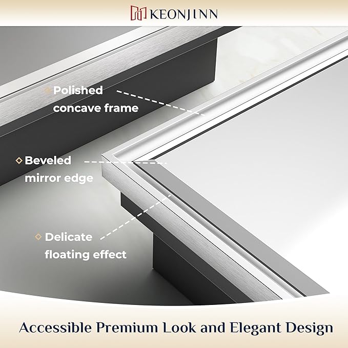 Keonjinn 17" x 25" Silver Bathroom Medicine Cabinets with Mirror, Recessed or Surface Wall-Mounted Aluminum Alloy Framed Beveled Mirror with Storage, 2 Adjustable Shelves for Bath Modern