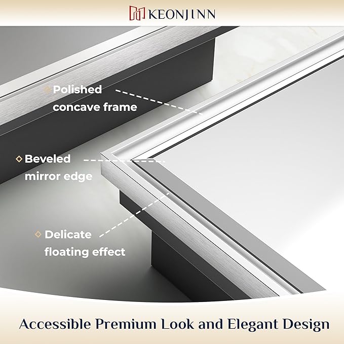 Keonjinn 21" x 27" Medicine Cabinet for Bathroom, Silver Recessed or Surface Wall-Mounted Aluminum Alloy Framed Beveled Mirror with Storage, Mirrored Cabinets with 2 Adjustable Shelves for Bath Modern